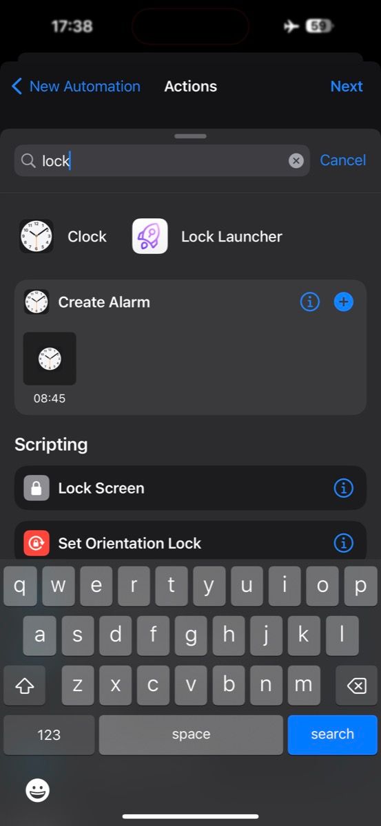 searching for Lock Screen action 