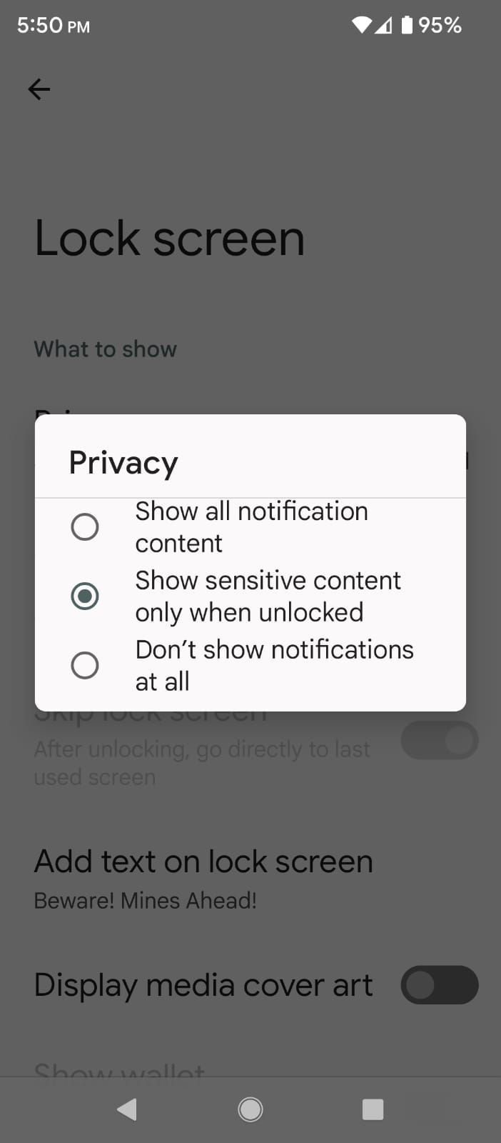 Lock screen Privacy Options in Android Display Settings