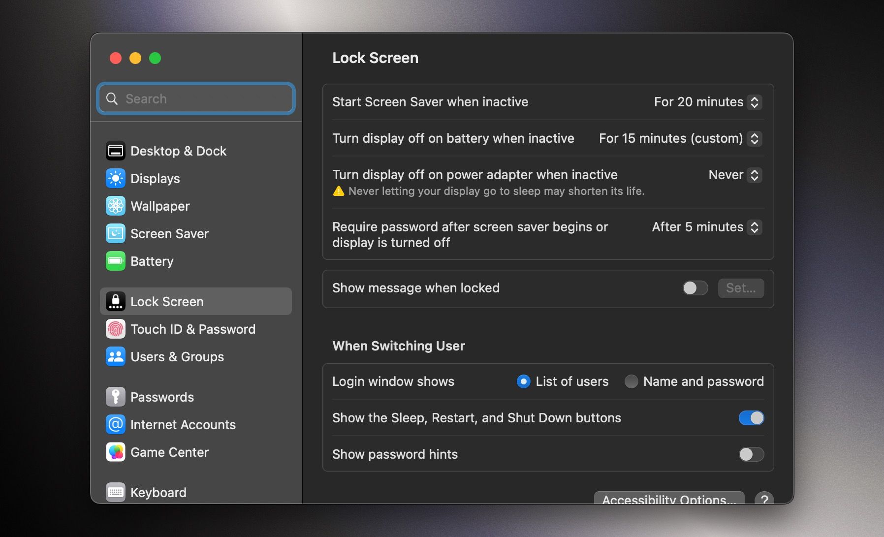 Lock Screen settings on macOS Ventura