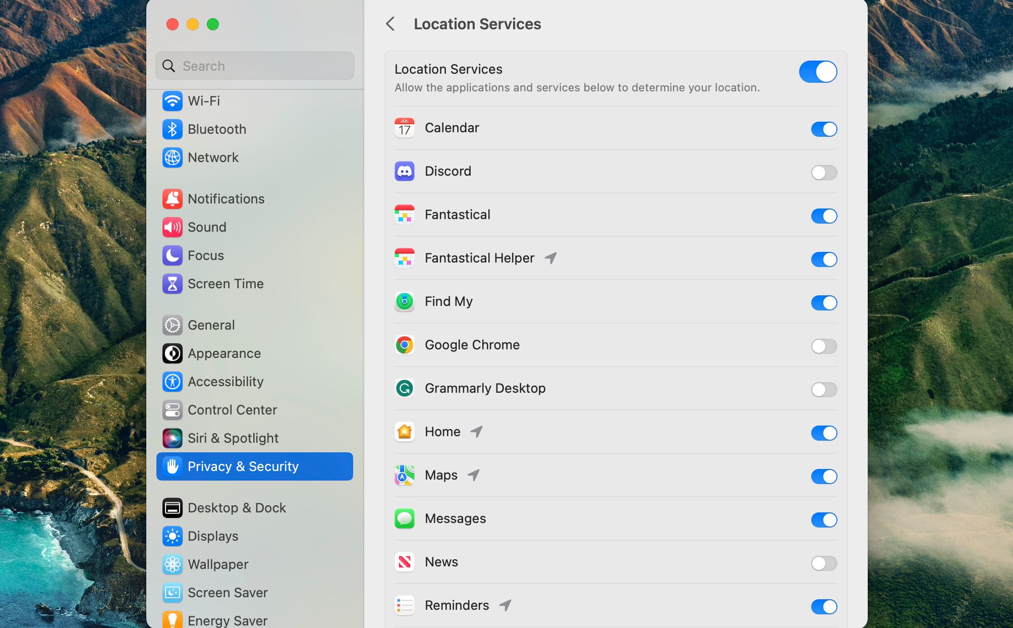 The Mac Location Services menu
