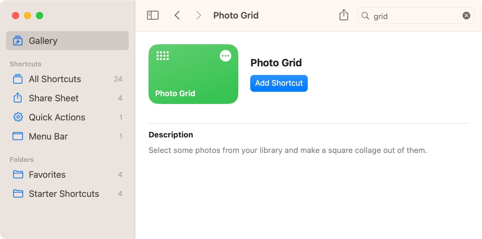 macOS Ventura Shoertcuts app Gallery Photo Grid shortcut