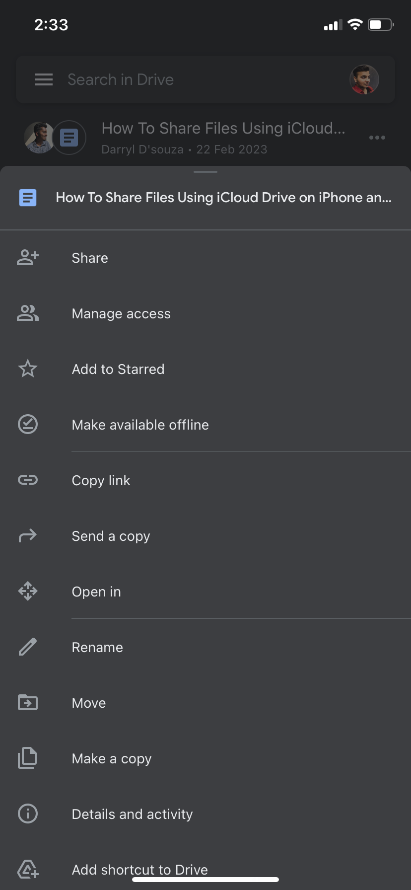 Rendre disponible l'option hors ligne dans Google Drive sur iPhone
