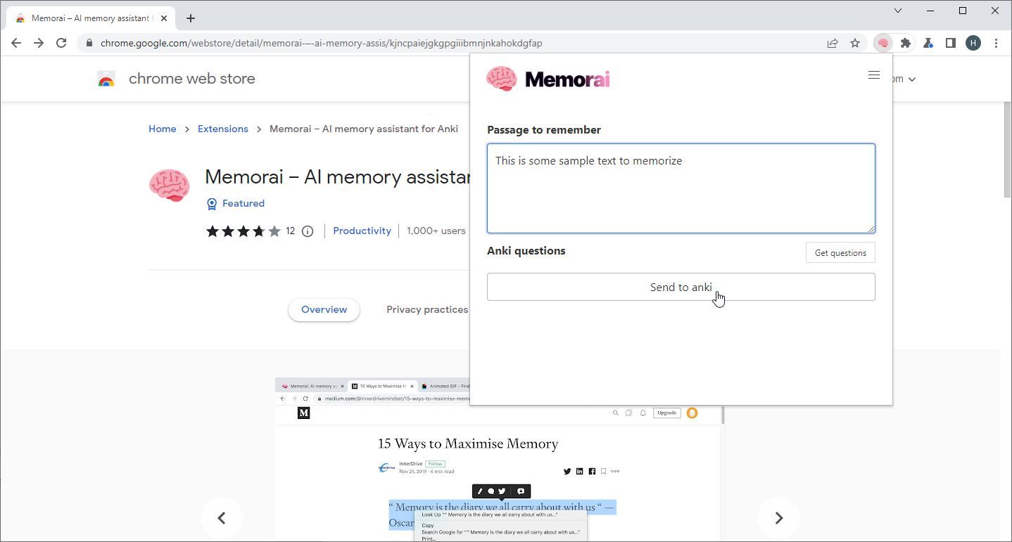 تصویری از برنامه افزودنی کروم Memorai برای مطالعه