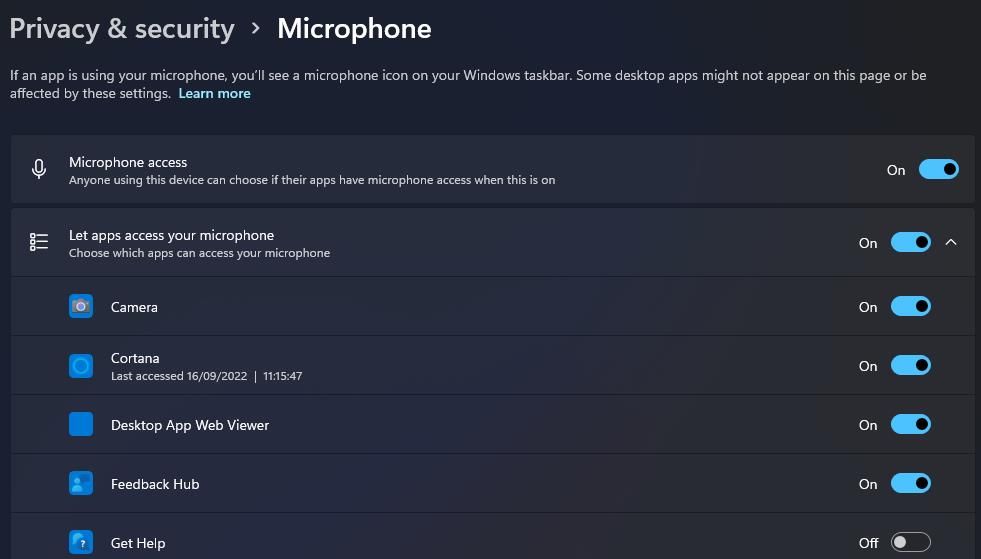 The Let apps access your microphone setting 