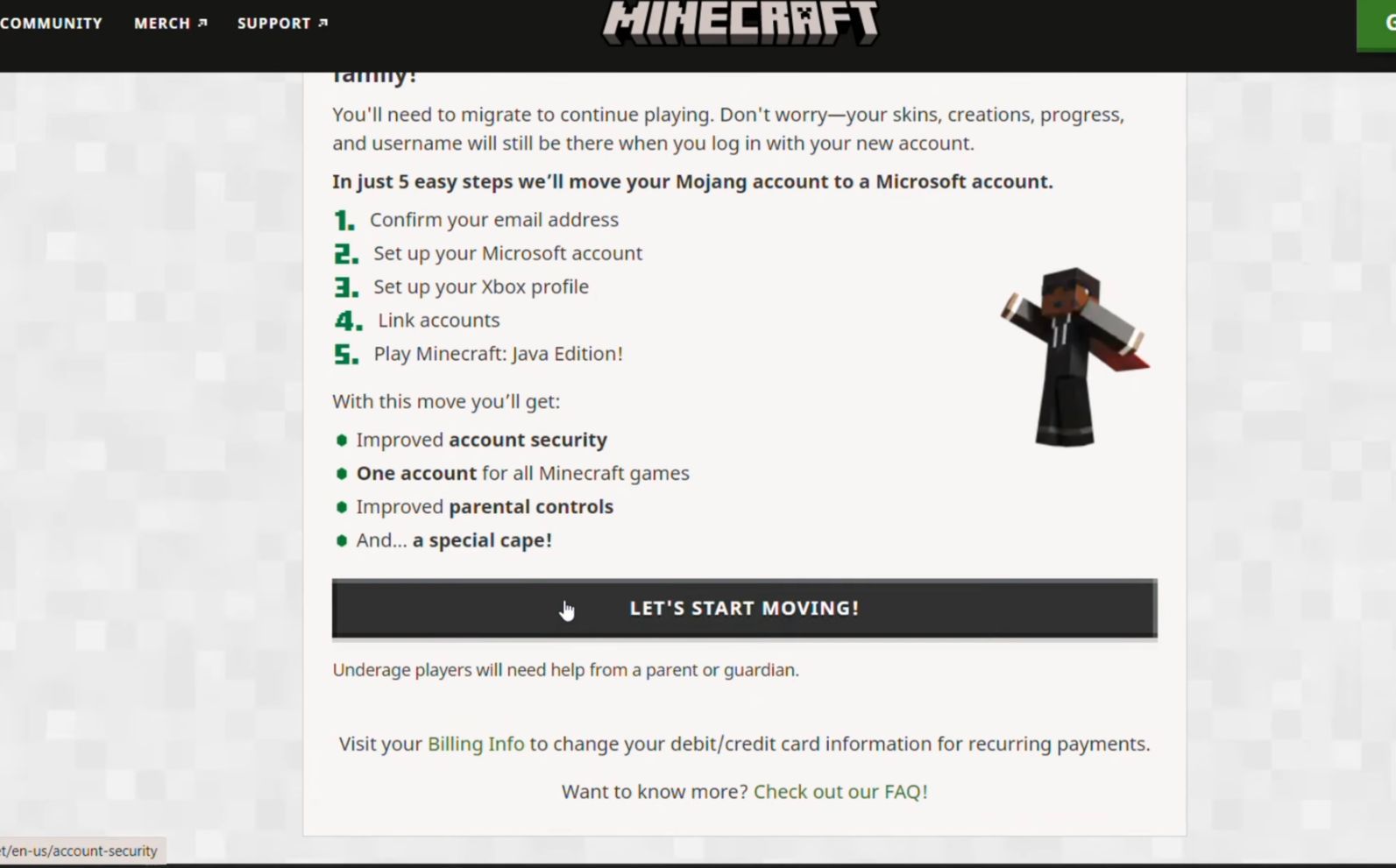Écran De Migration Du Compte Minecraft Launcher Mojang Commençons À Bouger !