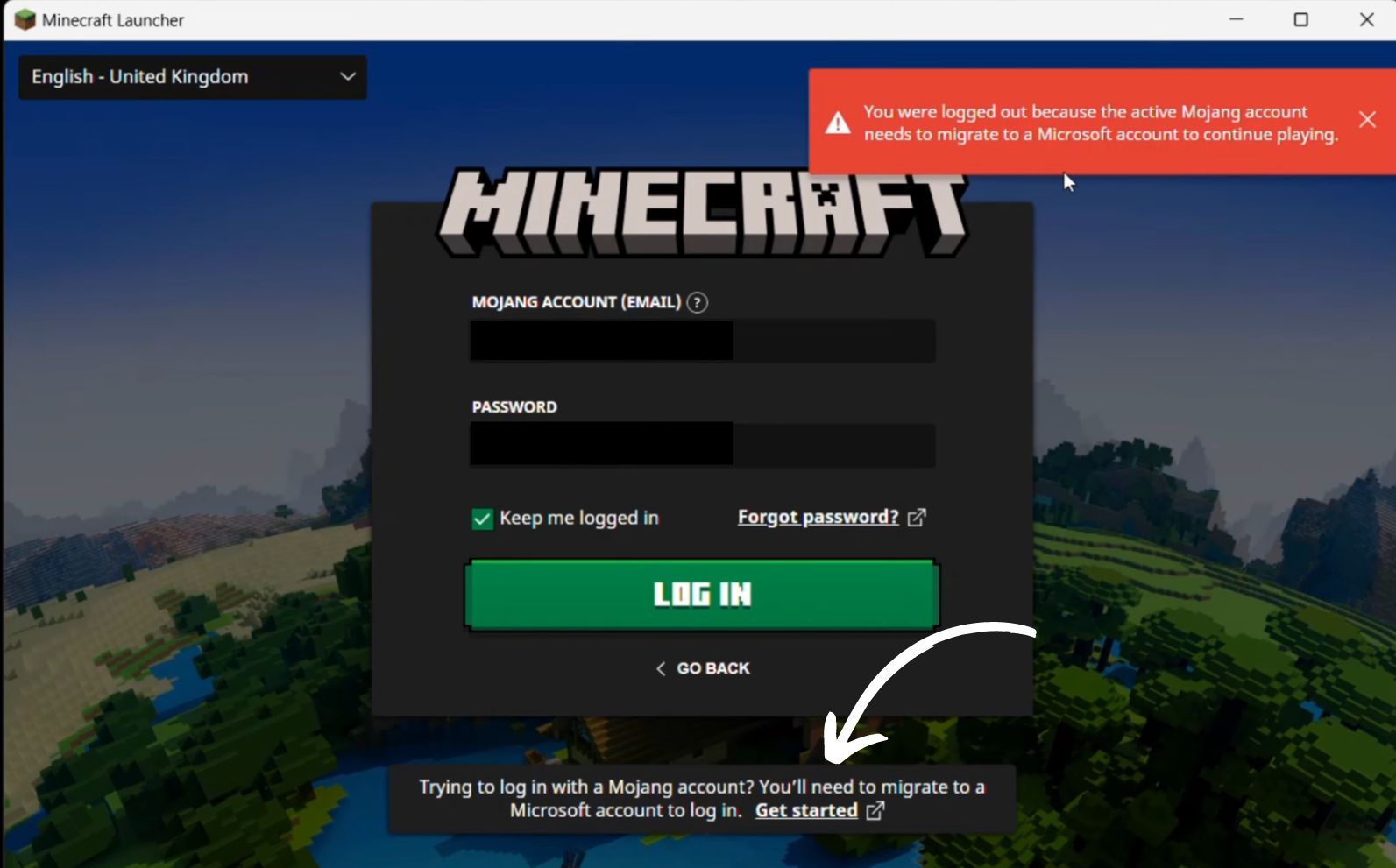 Minecraft Launcher Mojang Account Warning on Log In Screen Get Started to Migrate
