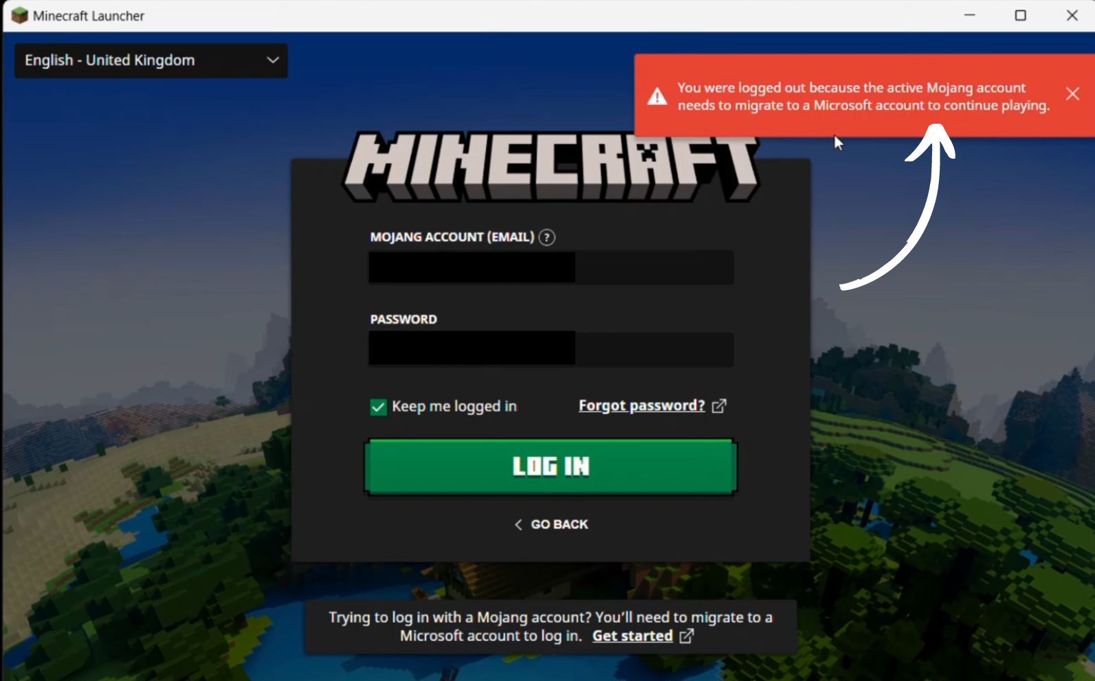 Minecraft Launcher Mojang Account Warning on Log In Screen