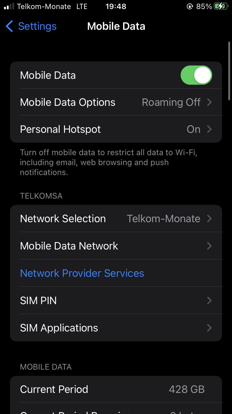 Mobile data settings page on iPhone 