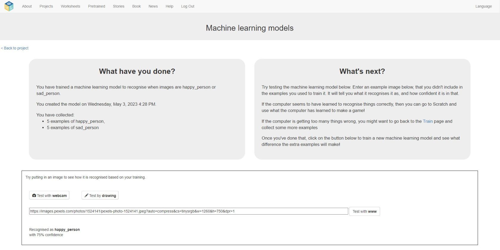 مدل با موفقیت تصویر را پس از آموزش در Machine Learning for Kids متمایز می کند