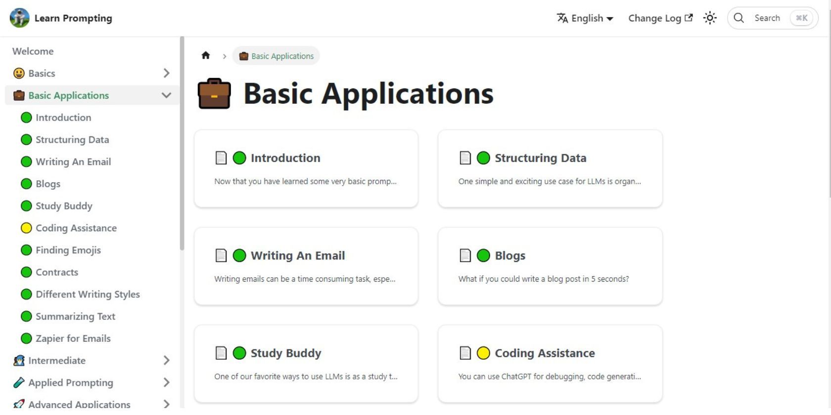 Learn Prompting Website showing Basic Applications lessons