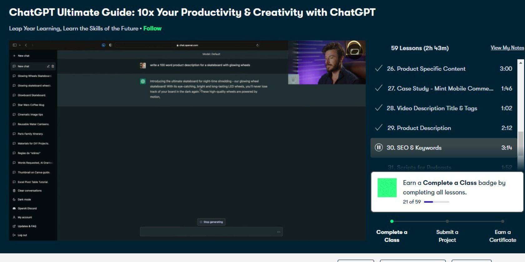screenshot of ChatGPT Ultimate Guide 10x Your Productivity & Creativity with ChatGPT on Skillshare learning platform