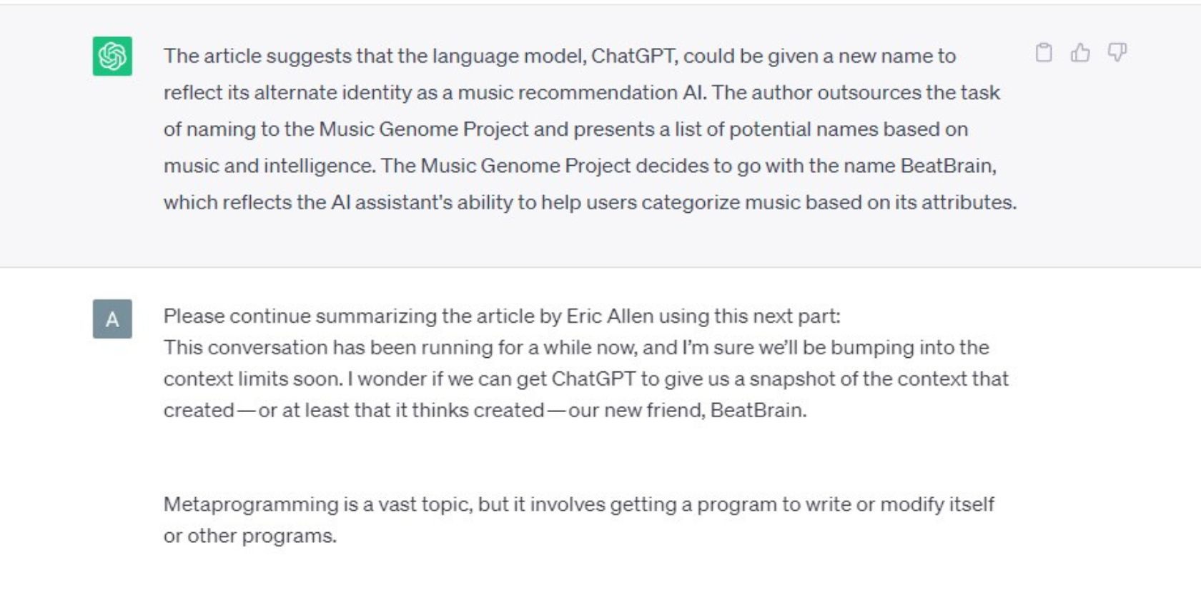 Percakapan dengan ChatGPT meminta untuk meringkas blog di Hackernoon oleh Eric Allen, yang diunggah sebagian