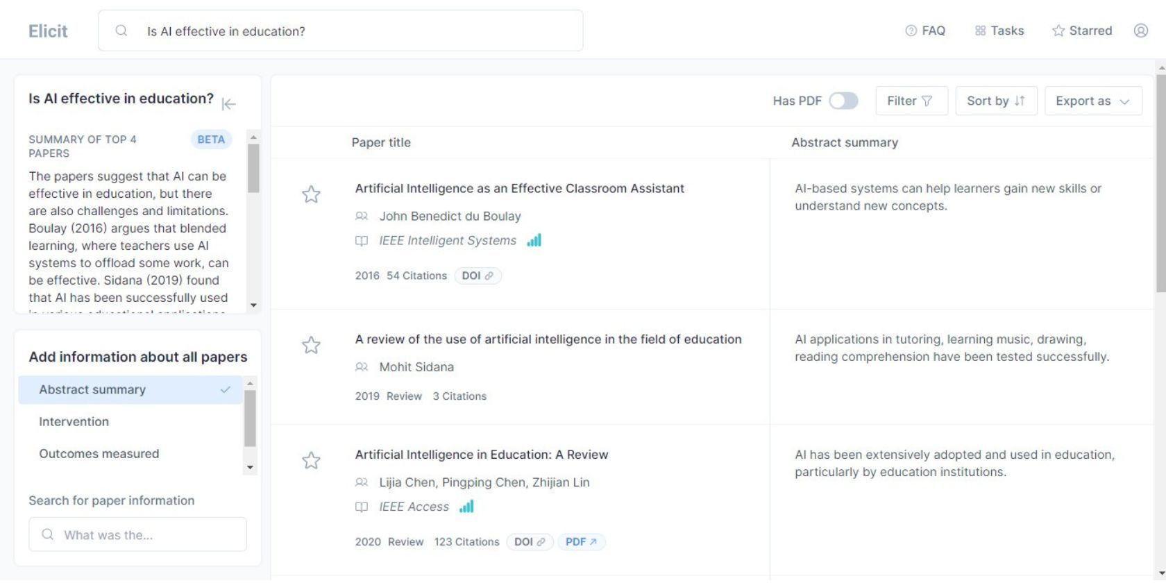 Elicit AI showing search results