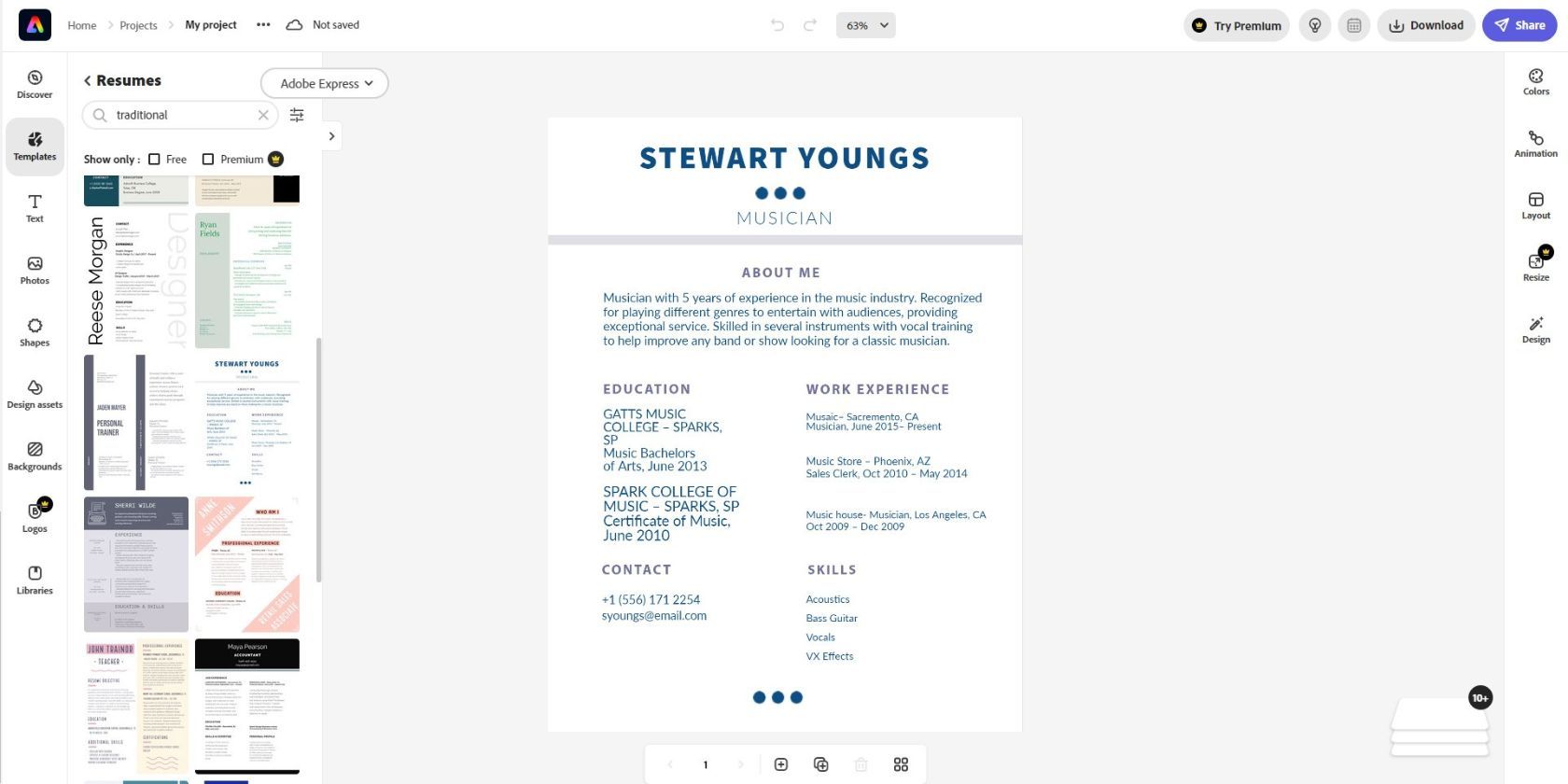 sample one-page resume on adobe express