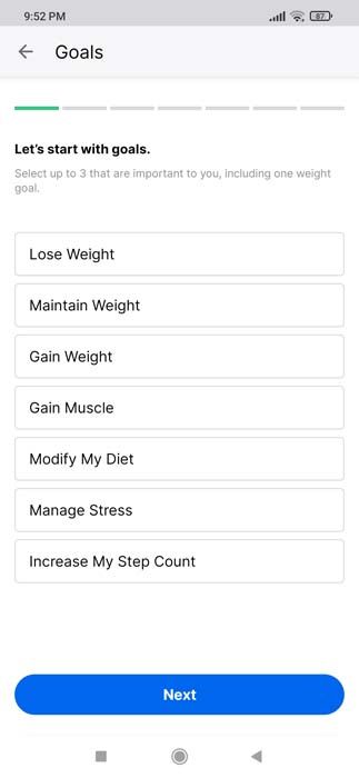 my fitness pal app setup page