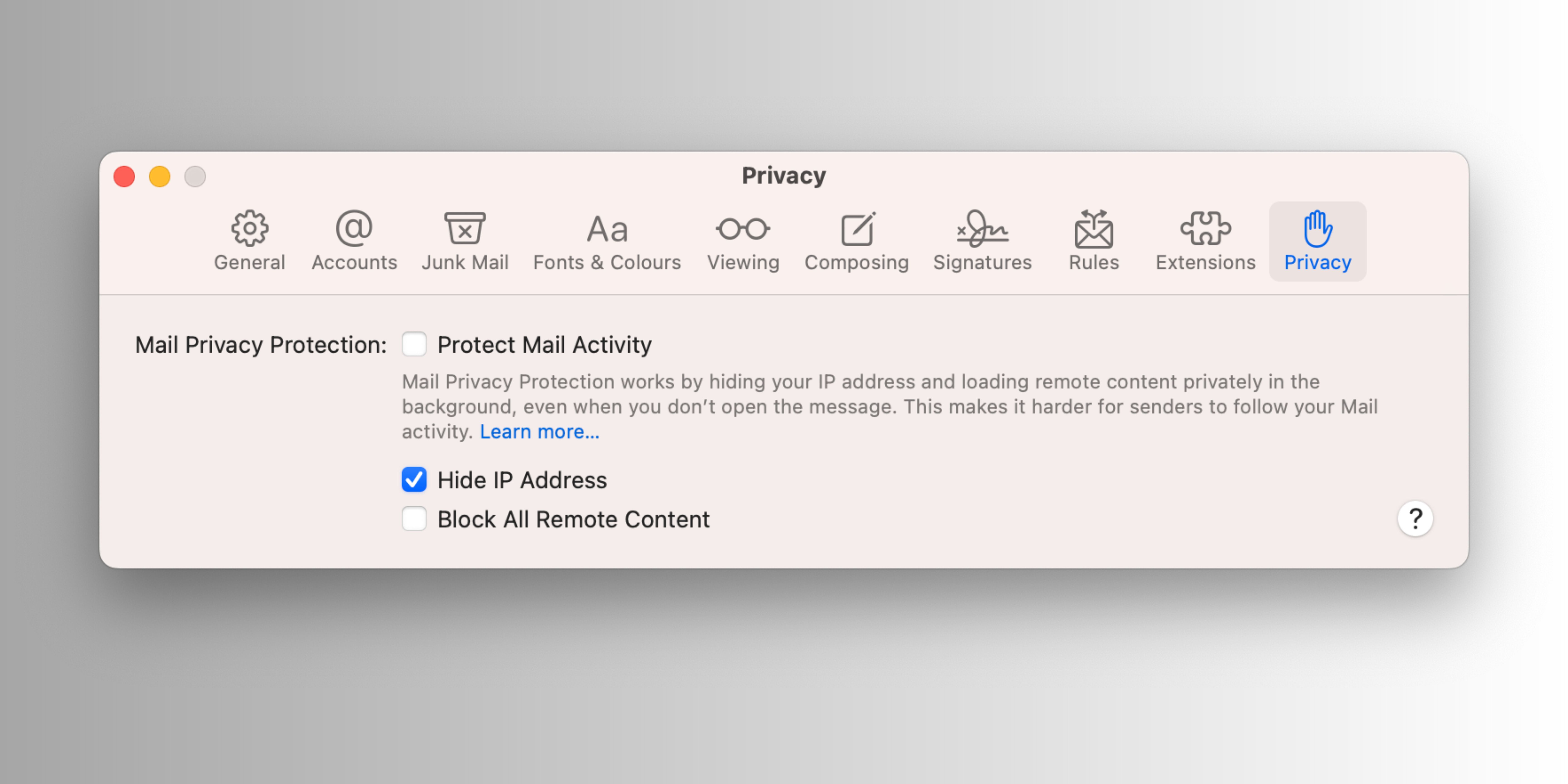 Protect Mail Activity option in Apple Mail