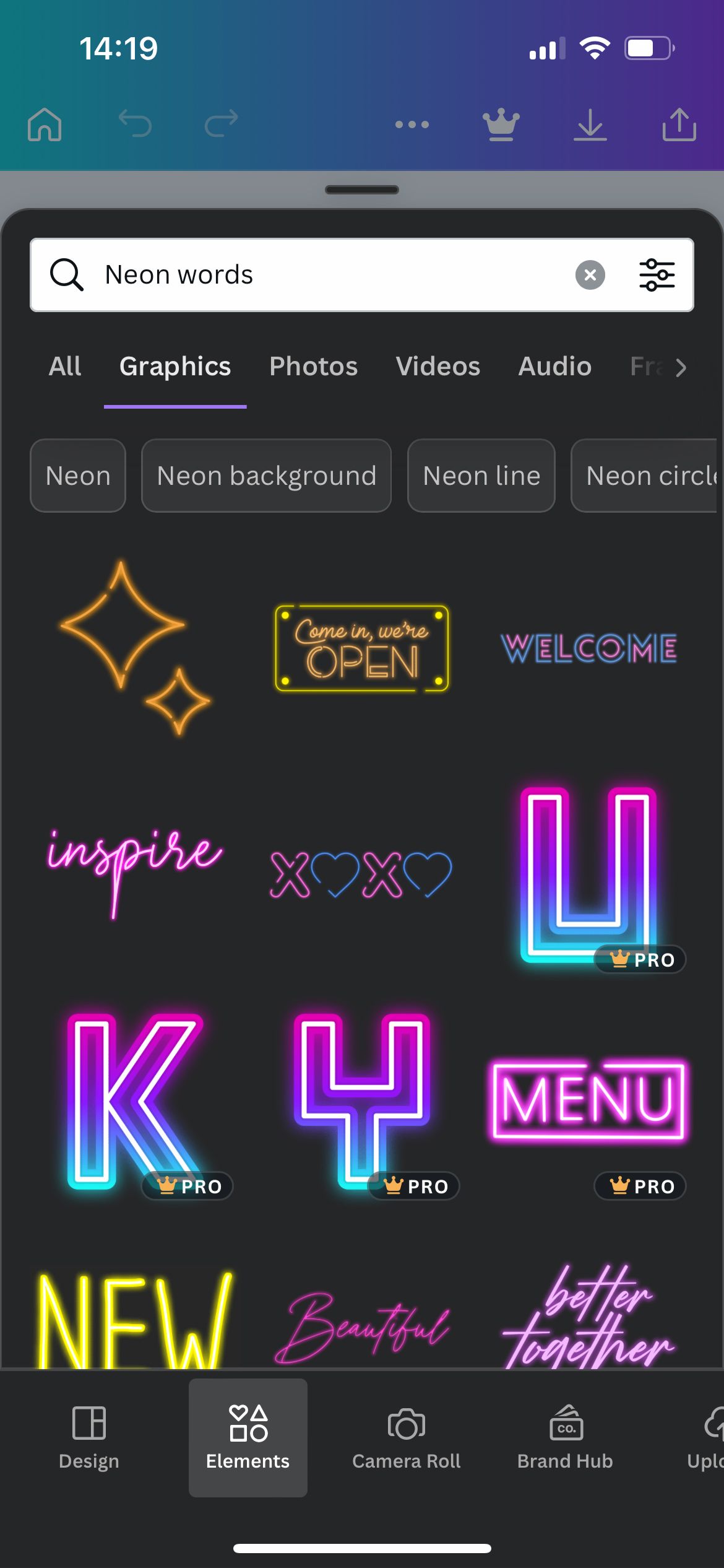 Canva Elements Neon Words.