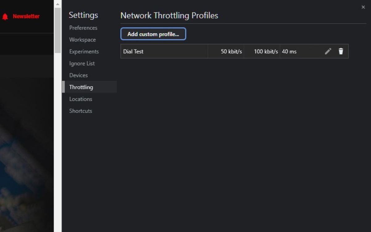 A screenshot of a Network Throttling Profiles with the cursor hovering over the trash icon