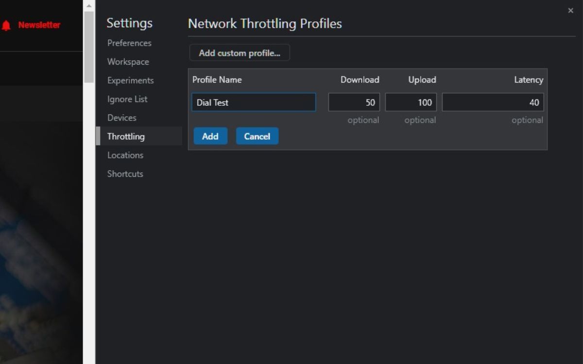 A screenshot of a Network Throttling Profile being created with a profile name and numeral entries in the download, upload, and latency fields