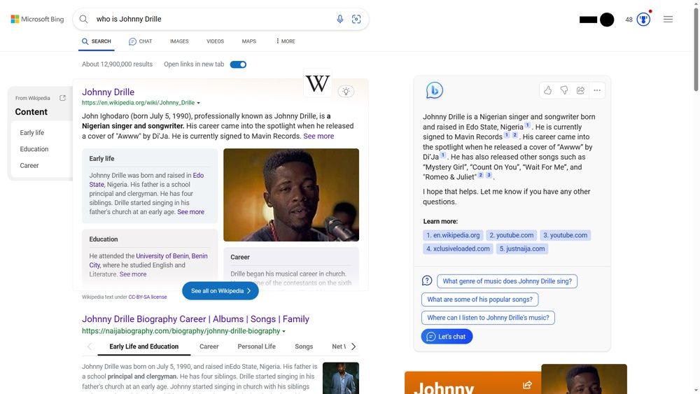 Bing AI-powered Search showing results page