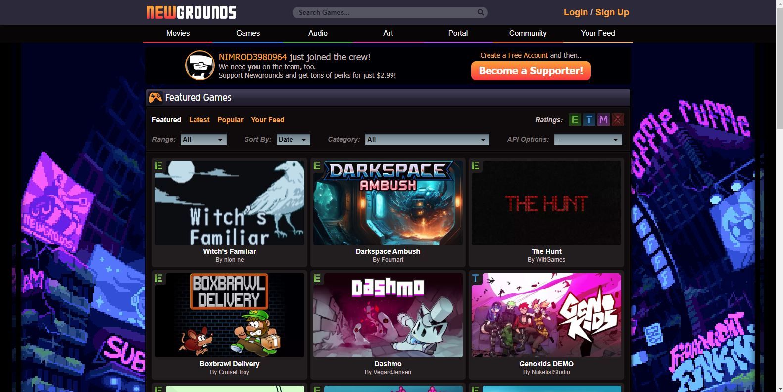 A Screenshot of Newgrounds Free Online Games Landing Page