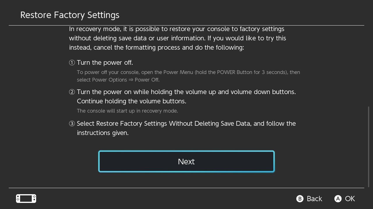 A screenshot of the warning that appears on Nintendo Switch after you select Restore Factory Settings