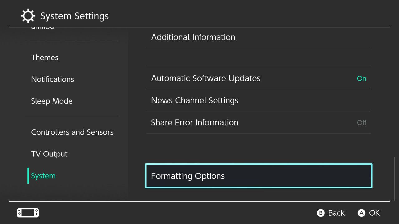A screenshot of the Sysetm Settings on a Nintendo Switch with the option for Formatting Options highlighted