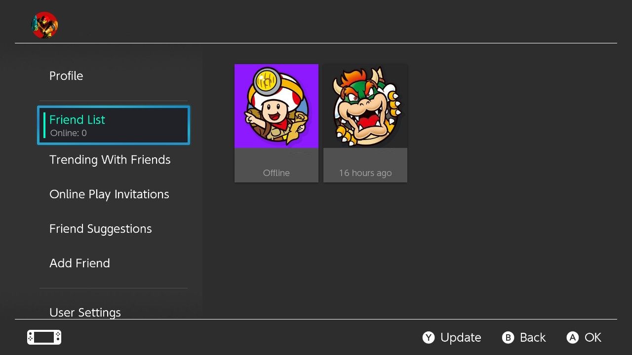 A screenshot of the Friend List menu of a Nintendo Switch 