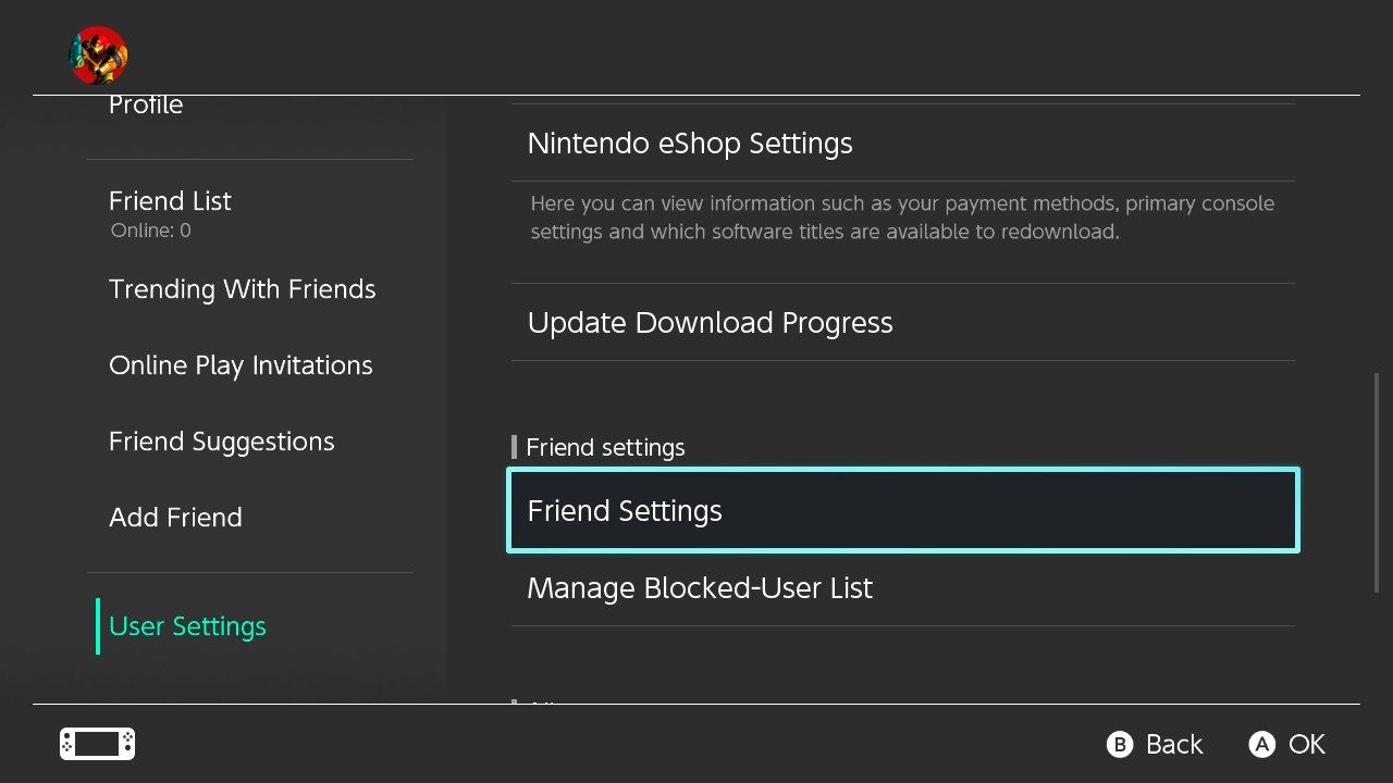 A screenshot of the User Settings for Nintendo Switch with the option for Friend Settings highlighted 