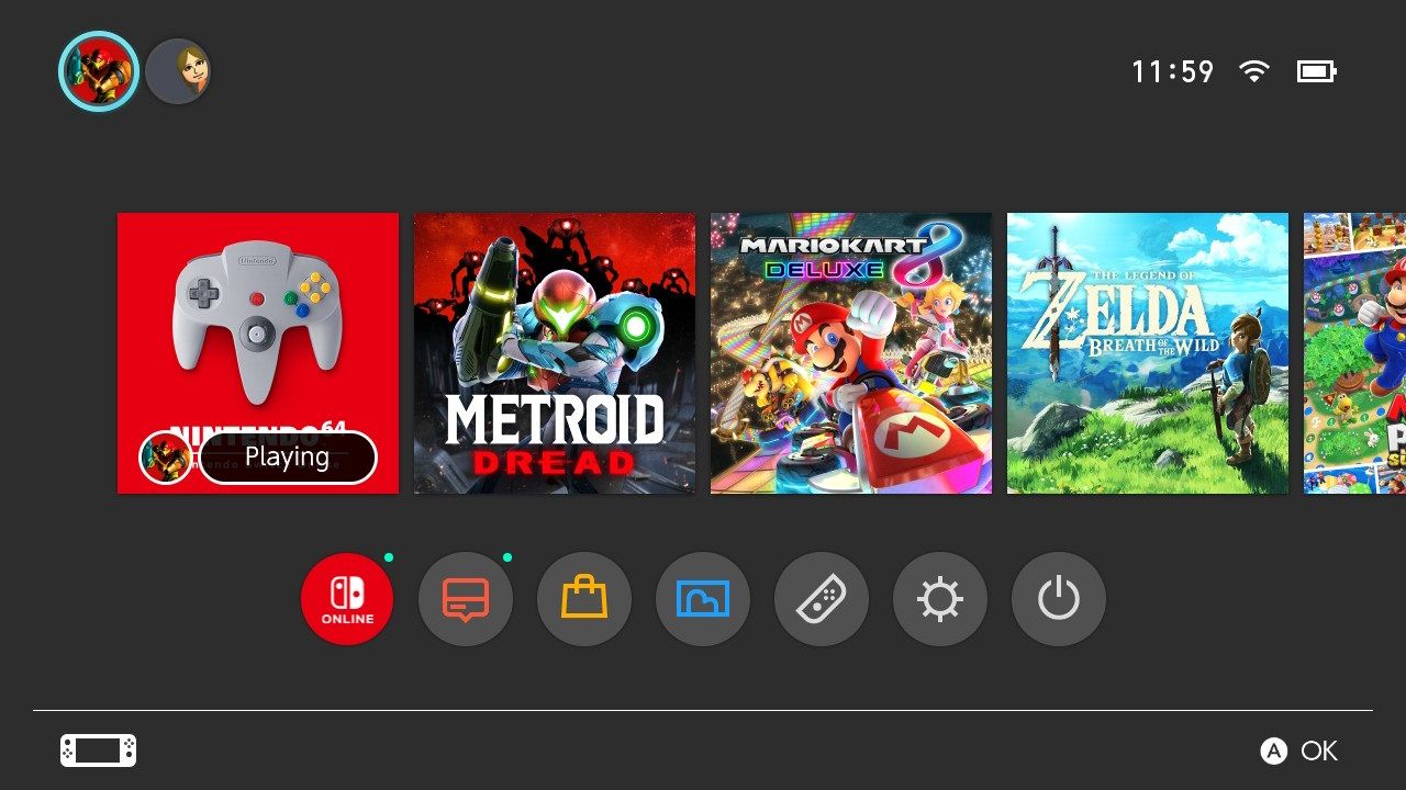 A screenshot of a Nintendo Switch Home Screen with the icon for Profile Page highlighted 