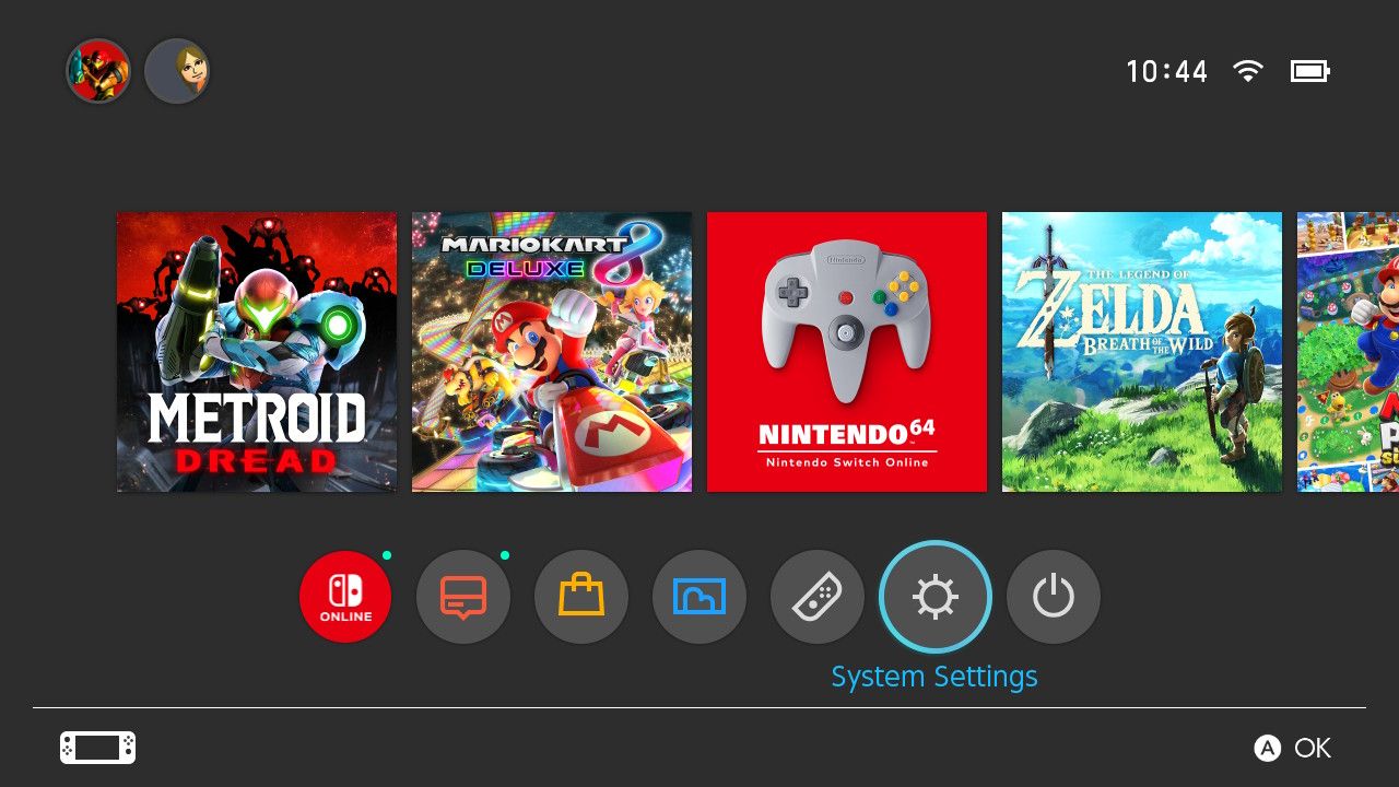 A screenshot of the Nintendo Switch Home screen with System Settings highlighted 