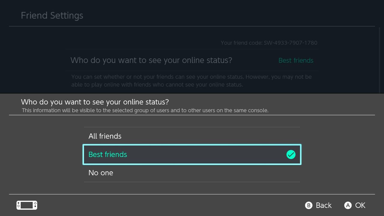 A screenshot of the Online Status visibility options for who can view an online account on Nintendo Switch 
