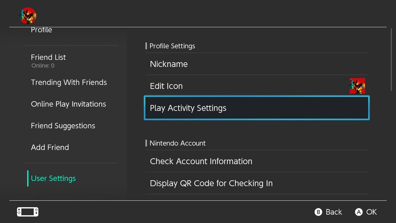 A screenshot of the User Settings for Nintendo Switch with Play Activity Settings highlighted 