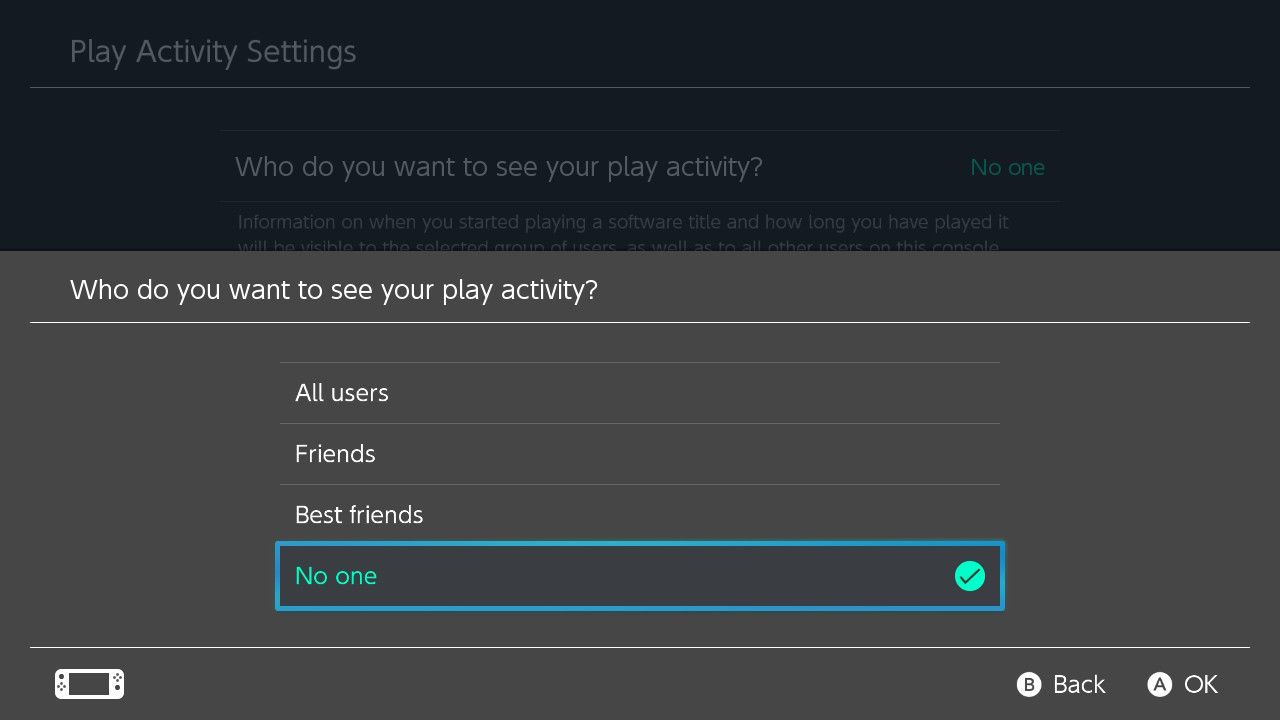 A screenshot of the Play Activity visibility settings on Nintendo Switch with the options to choose who can view Play Activity highlighted 