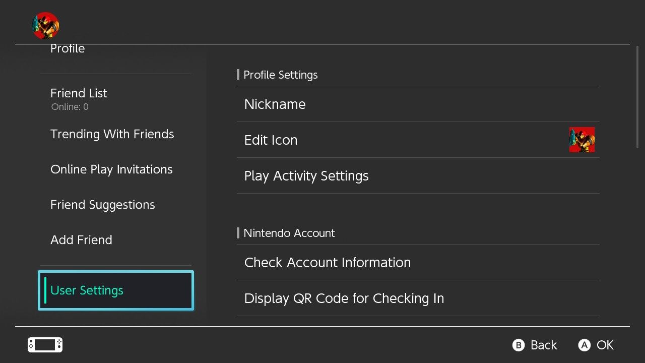 A screenshot of the User Settings option within the Profile Page of a Nintendo Switch