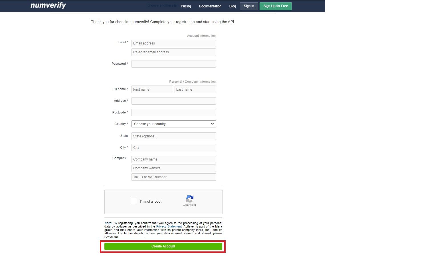 Numverify Website Create Account Page
