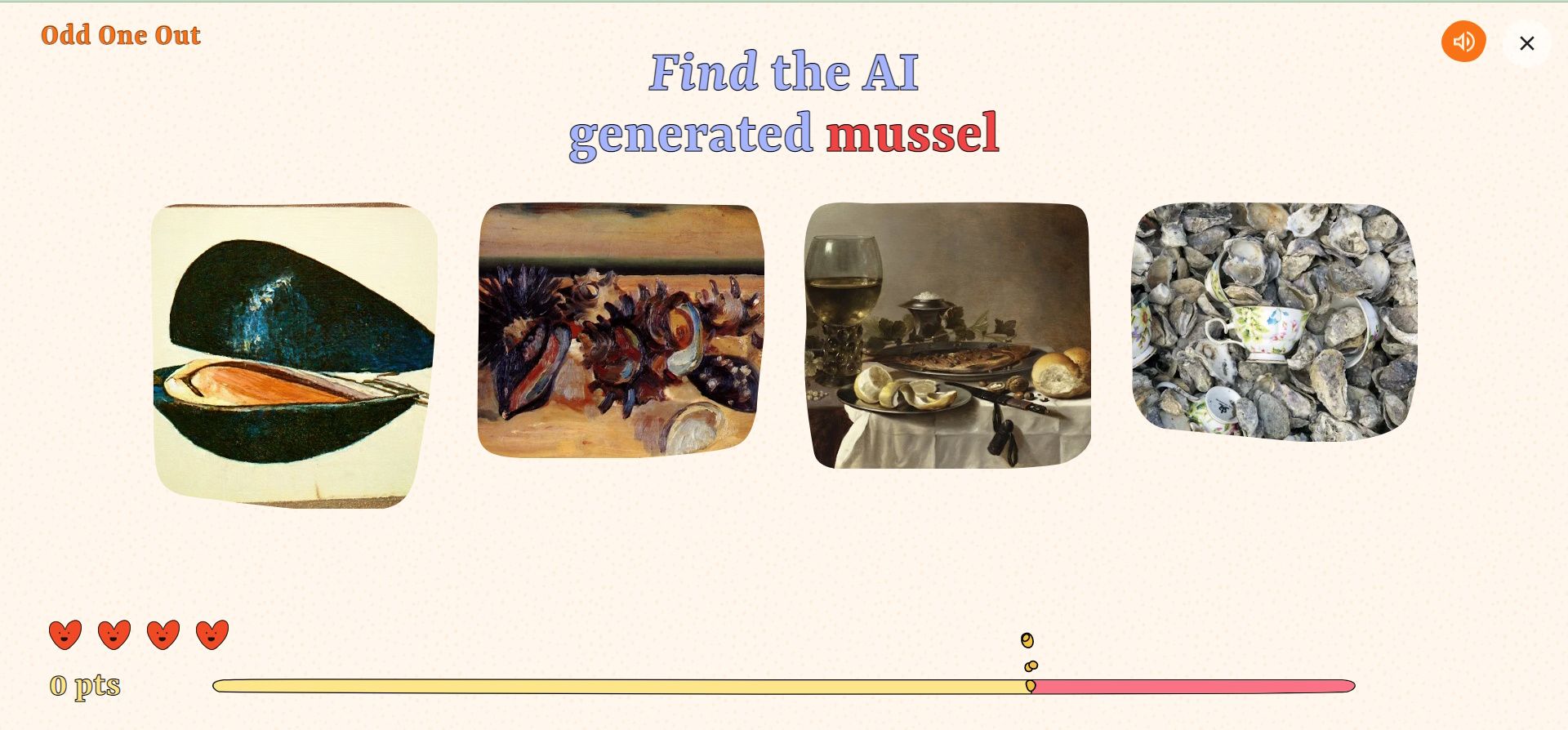 a screenshot from the Google AI game Odd One Out with four images showing so the player can pick the one generated by AI