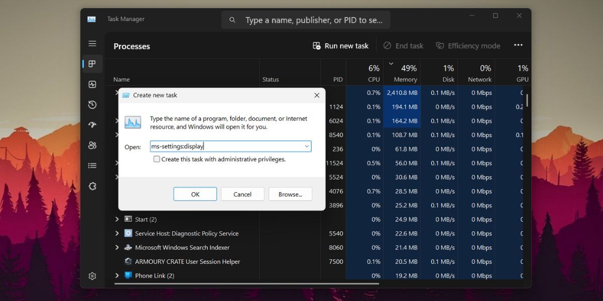 Open Display Settings Using Task Manager