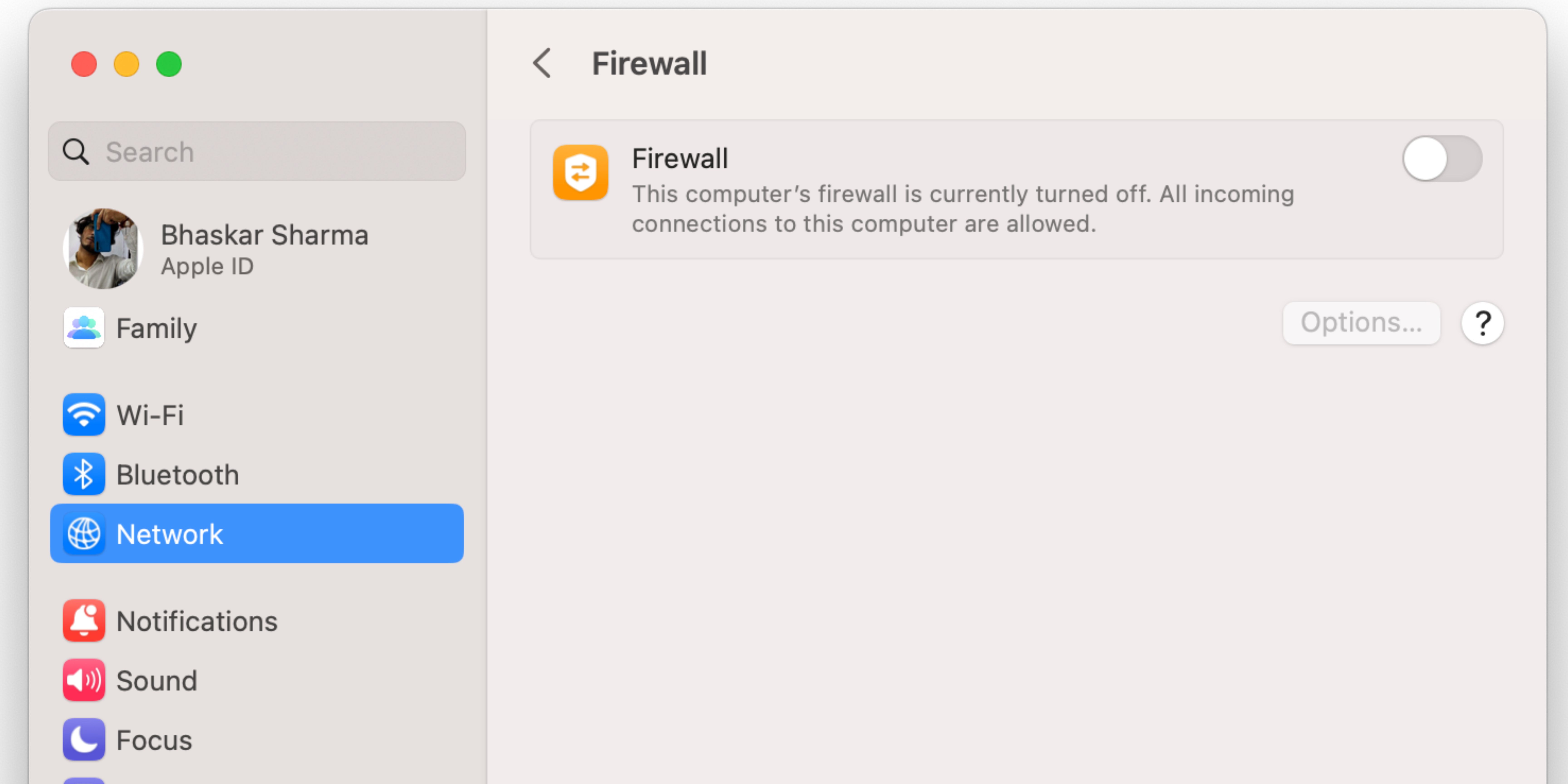 Open System Settings, go to Network, select Firewall, and toggle off the button next to Firewall