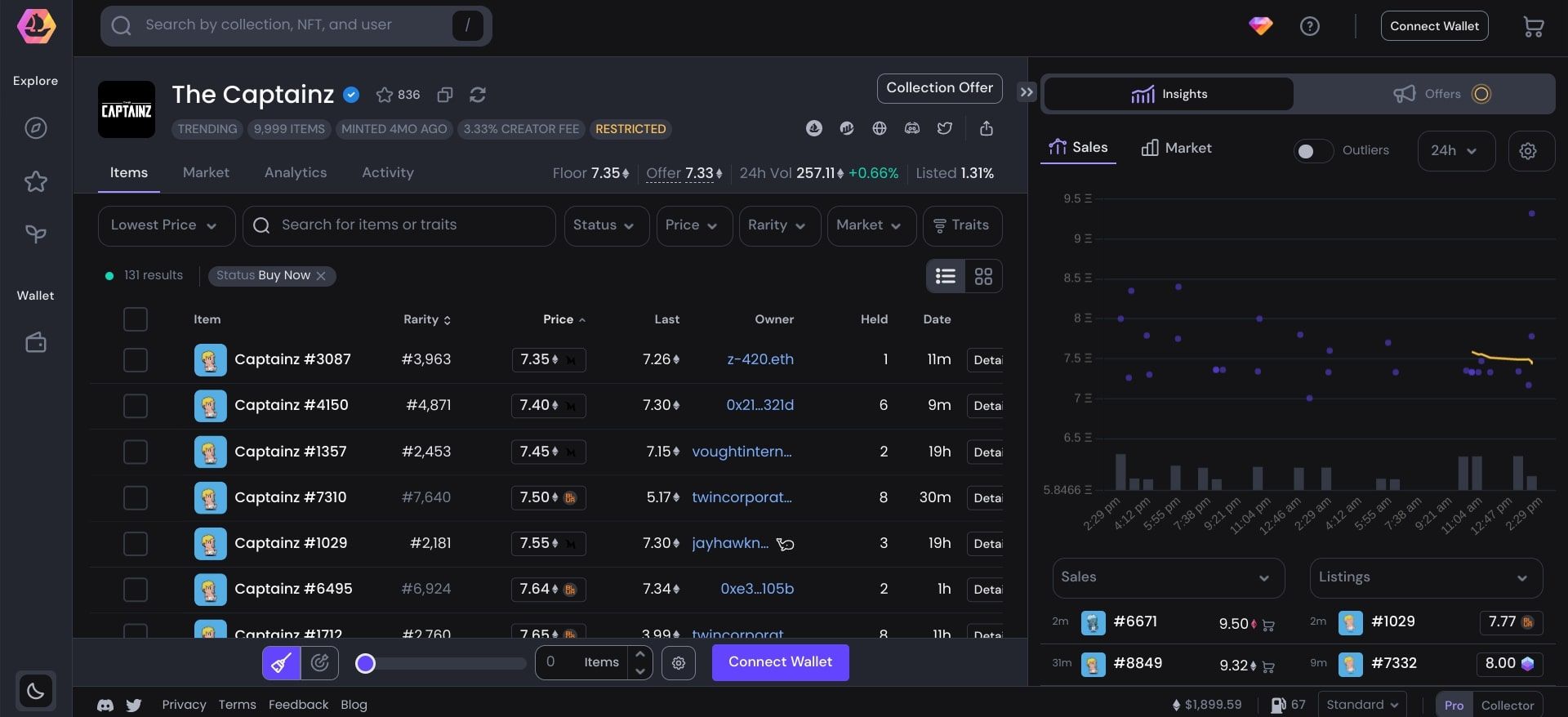 screenshot of opensea pro website showing captainz collection statistics 