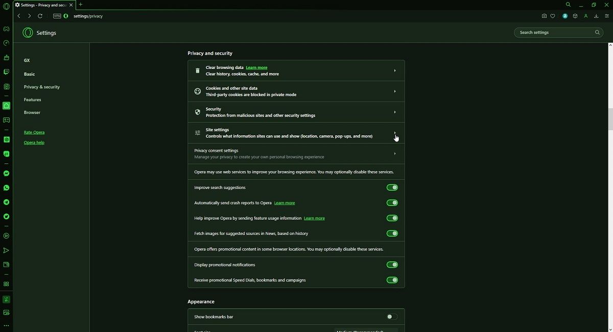 Opera GX Privacy and security menu