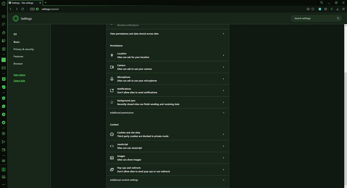 Opera GX Site settings menu