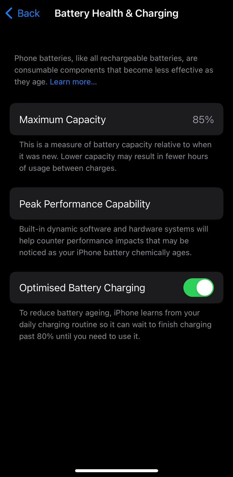 Optimised battery charging setting on iPhone