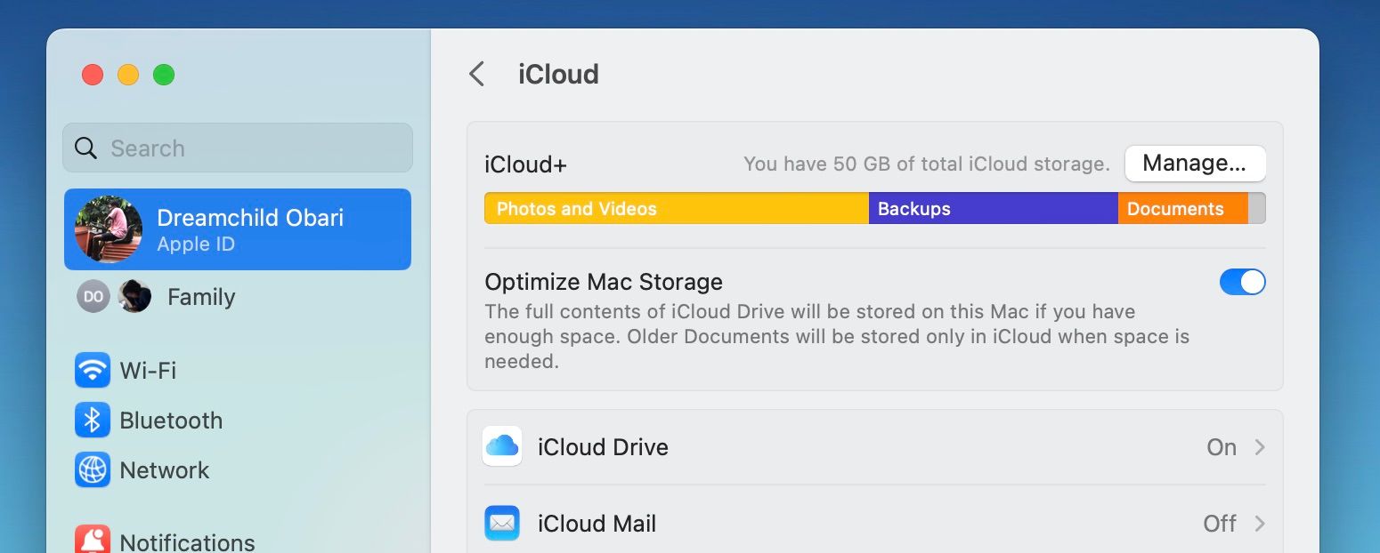 Optimize Mac Storage toggle in the iCloud menu of System Settings