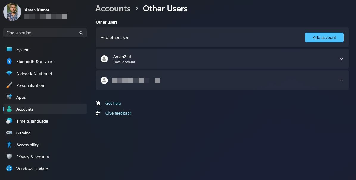 Other users window in the Settings app