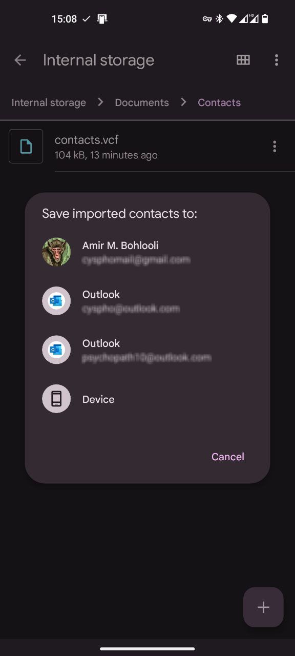 Opening exported contacts in Android