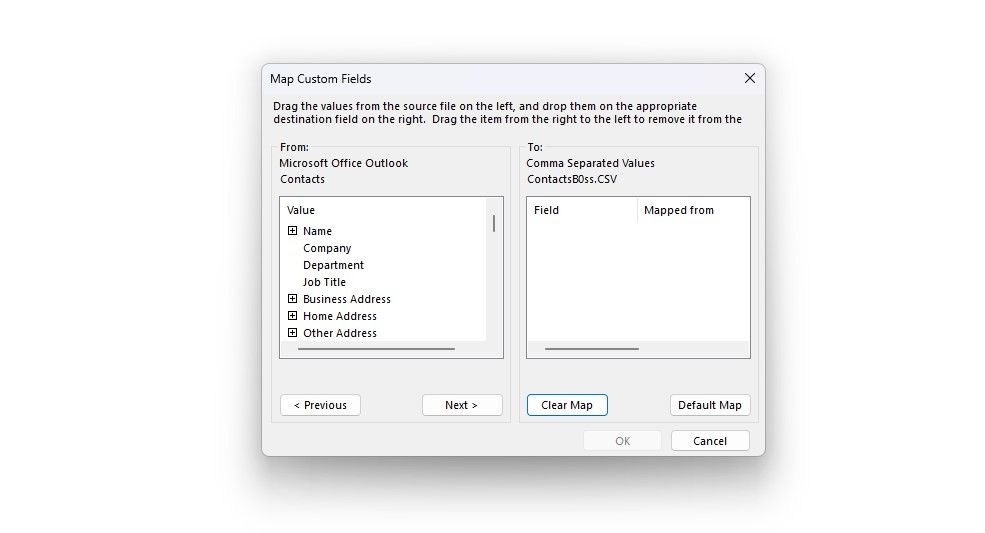 Mapping custom fields for exported contacts in Outlook