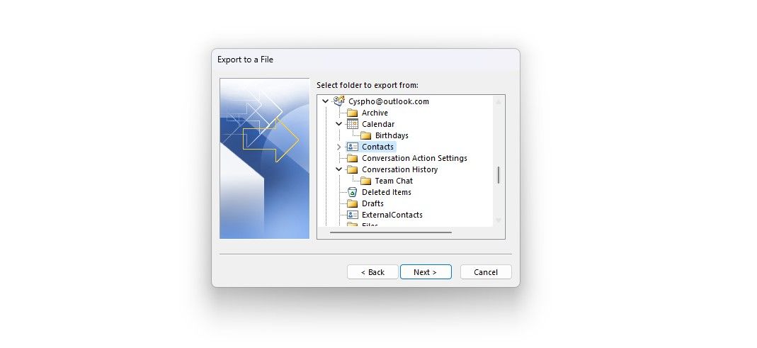 Exporting contacts in Outlook.