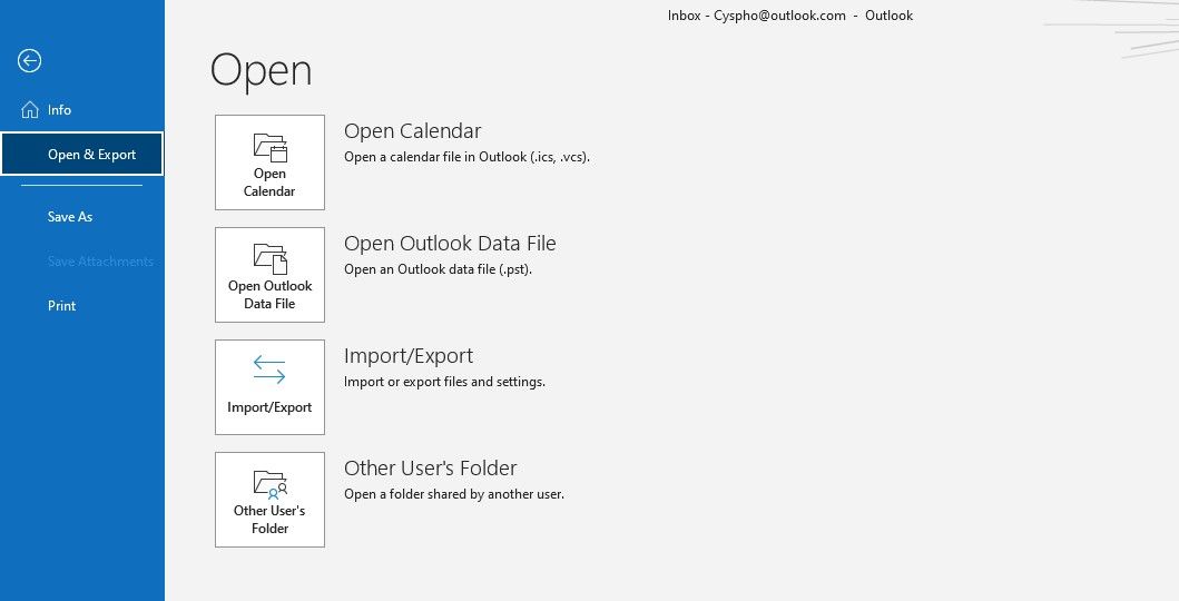 Open & Export menu on Outlook