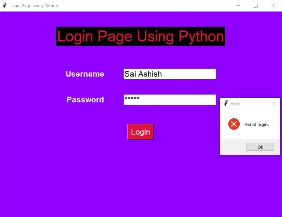 The output of a simple login app showing failure